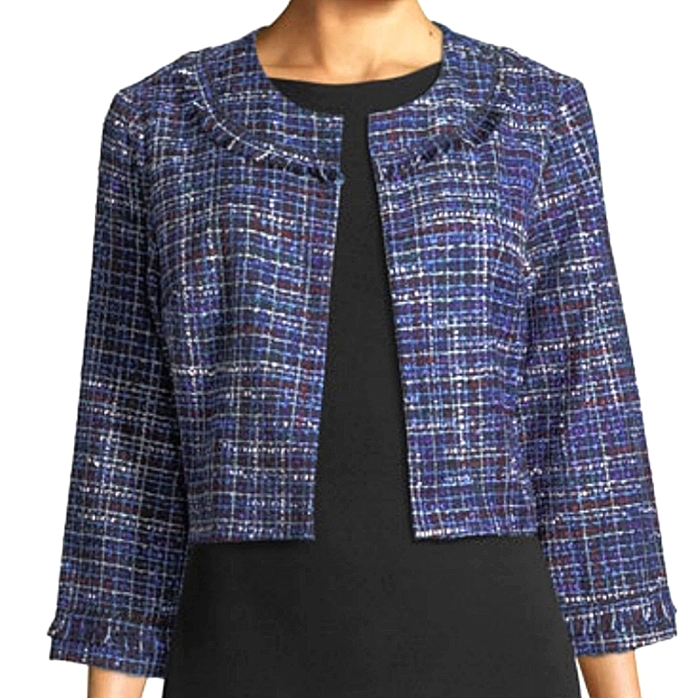 Karl Lagerfeld Paris Navy Tweed Boucle Cropped Blazer Jacket XS